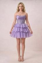 Black Strapless A Line Chiffon Beaded Mini Wedding Guest Dress With Ruffles - Curvevia