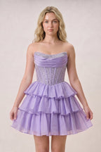 Black Strapless A Line Chiffon Beaded Mini Wedding Guest Dress With Ruffles - Curvevia