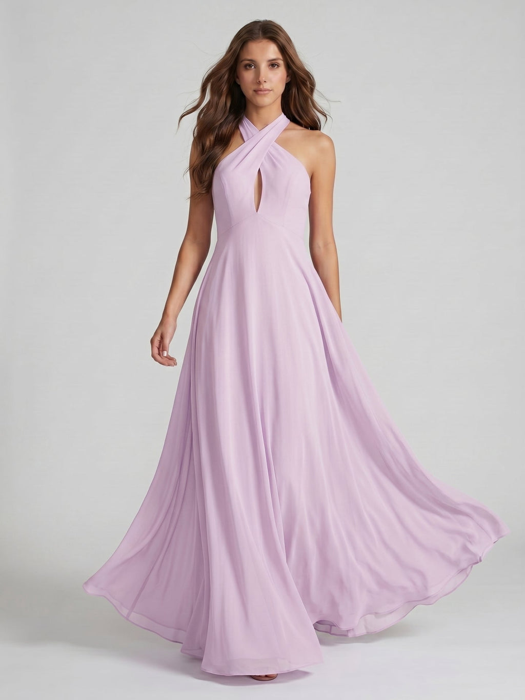 Lilac Chiffon A-Line Halter Neckline Back Zip Floor-Length Bridesmaid Dress with Bow - Curvevia