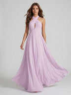Lilac Chiffon A-Line Halter Neckline Back Zip Floor-Length Bridesmaid Dress with Bow - Curvevia
