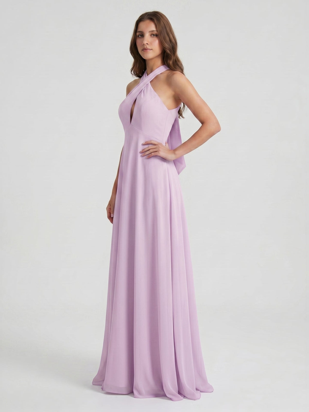 Lilac Chiffon A-Line Halter Neckline Back Zip Floor-Length Bridesmaid Dress with Bow - Curvevia