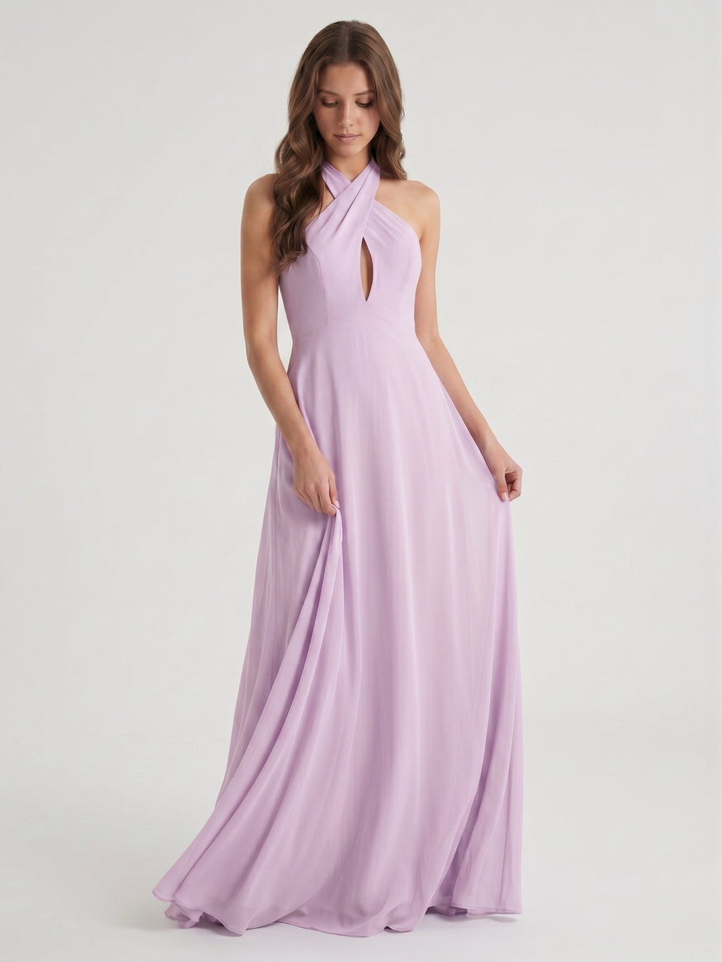 Lilac Chiffon A-Line Halter Neckline Back Zip Floor-Length Bridesmaid Dress with Bow - Curvevia