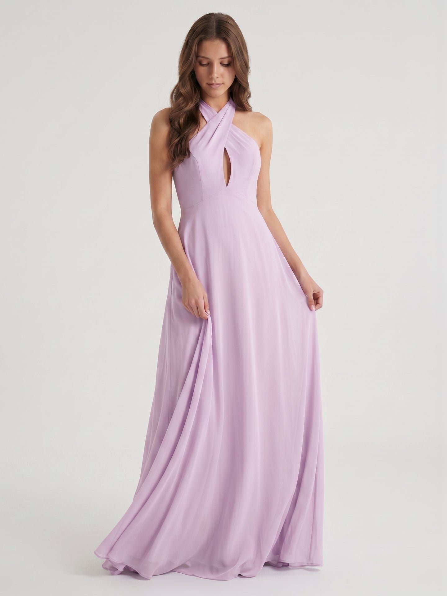 Lilac Chiffon A-Line Halter Neckline Back Zip Floor-Length Bridesmaid Dress with Bow - Curvevia