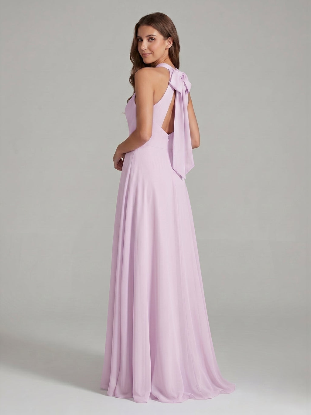 Lilac Chiffon A-Line Halter Neckline Back Zip Floor-Length Bridesmaid Dress with Bow - Curvevia