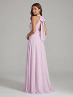 Lilac Chiffon A-Line Halter Neckline Back Zip Floor-Length Bridesmaid Dress with Bow - Curvevia