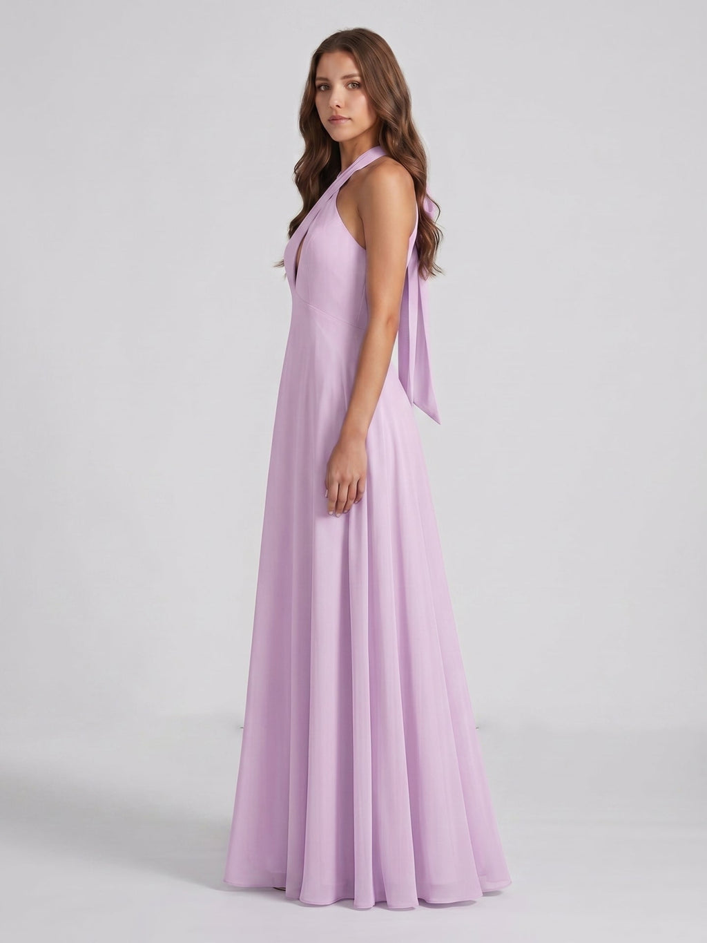 Lilac Chiffon A-Line Halter Neckline Back Zip Floor-Length Bridesmaid Dress with Bow - Curvevia