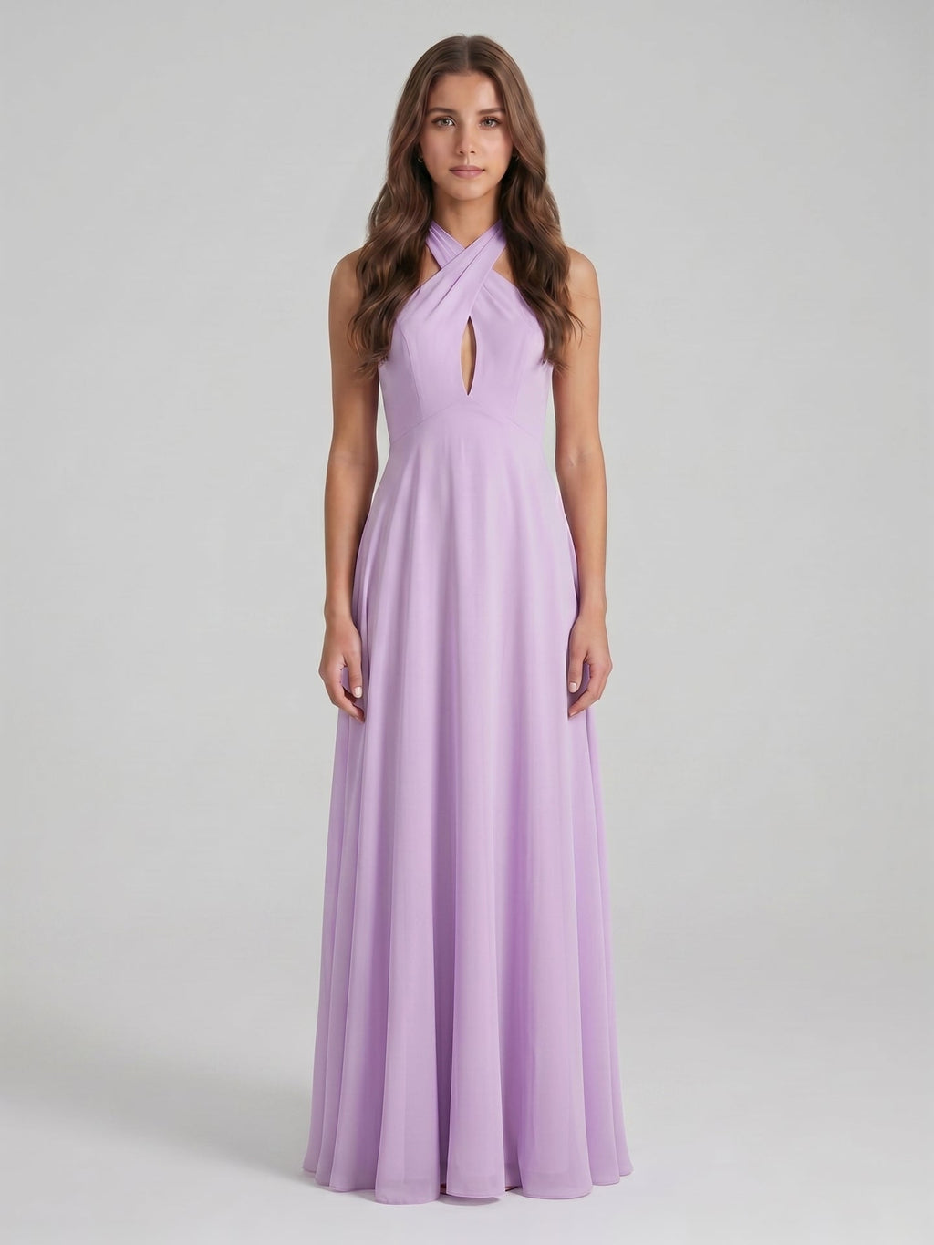 Lilac Chiffon A-Line Halter Neckline Back Zip Floor-Length Bridesmaid Dress with Bow - Curvevia