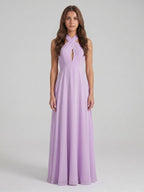 Lilac Chiffon A-Line Halter Neckline Back Zip Floor-Length Bridesmaid Dress with Bow - Curvevia