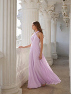 Lilac Chiffon A-Line Halter Neckline Back Zip Floor-Length Bridesmaid Dress with Bow - Curvevia