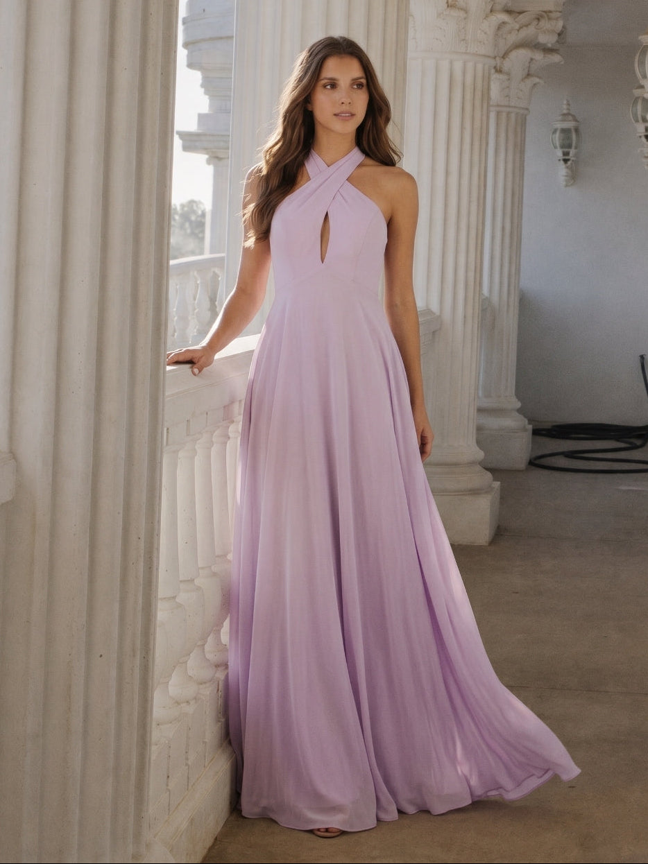 Lilac Chiffon A-Line Halter Neckline Back Zip Floor-Length Bridesmaid Dress with Bow - Curvevia