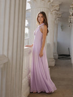 Lilac Chiffon A-Line Halter Neckline Back Zip Floor-Length Bridesmaid Dress with Bow - Curvevia