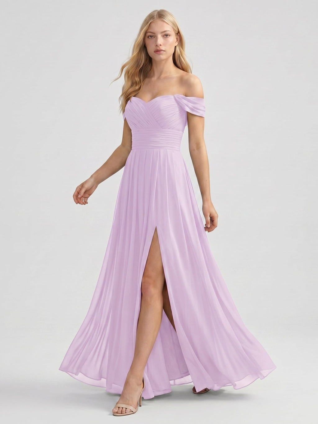 Lilac Chiffon A-Line Off-the-Shoulder Back Zip Floor-Length Bridesmaid Dress - Curvevia