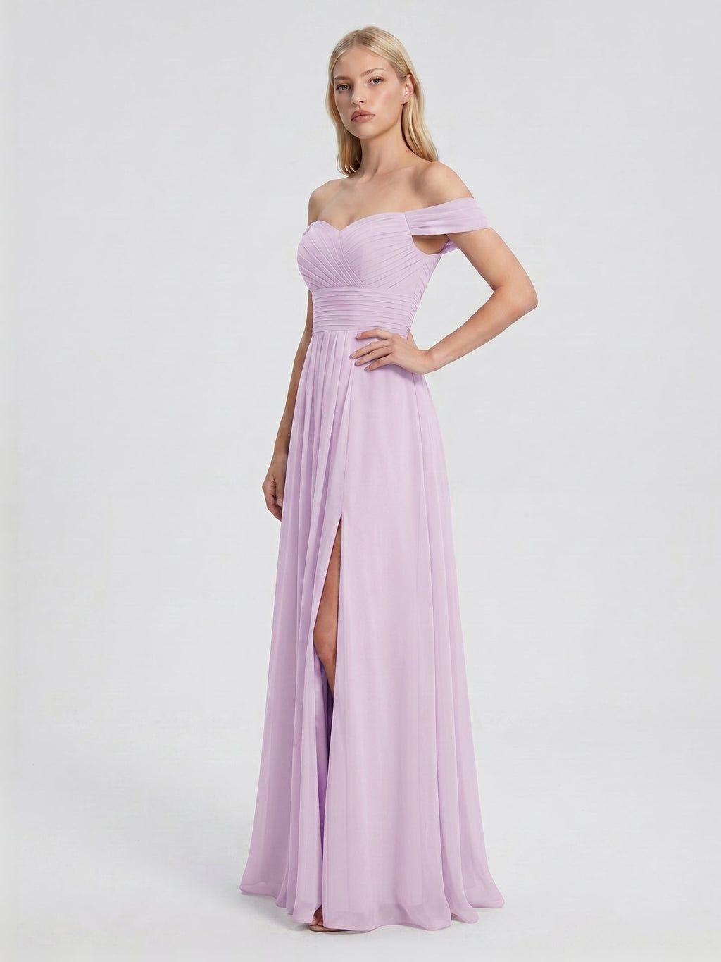 Lilac Chiffon A-Line Off-the-Shoulder Back Zip Floor-Length Bridesmaid Dress - Curvevia
