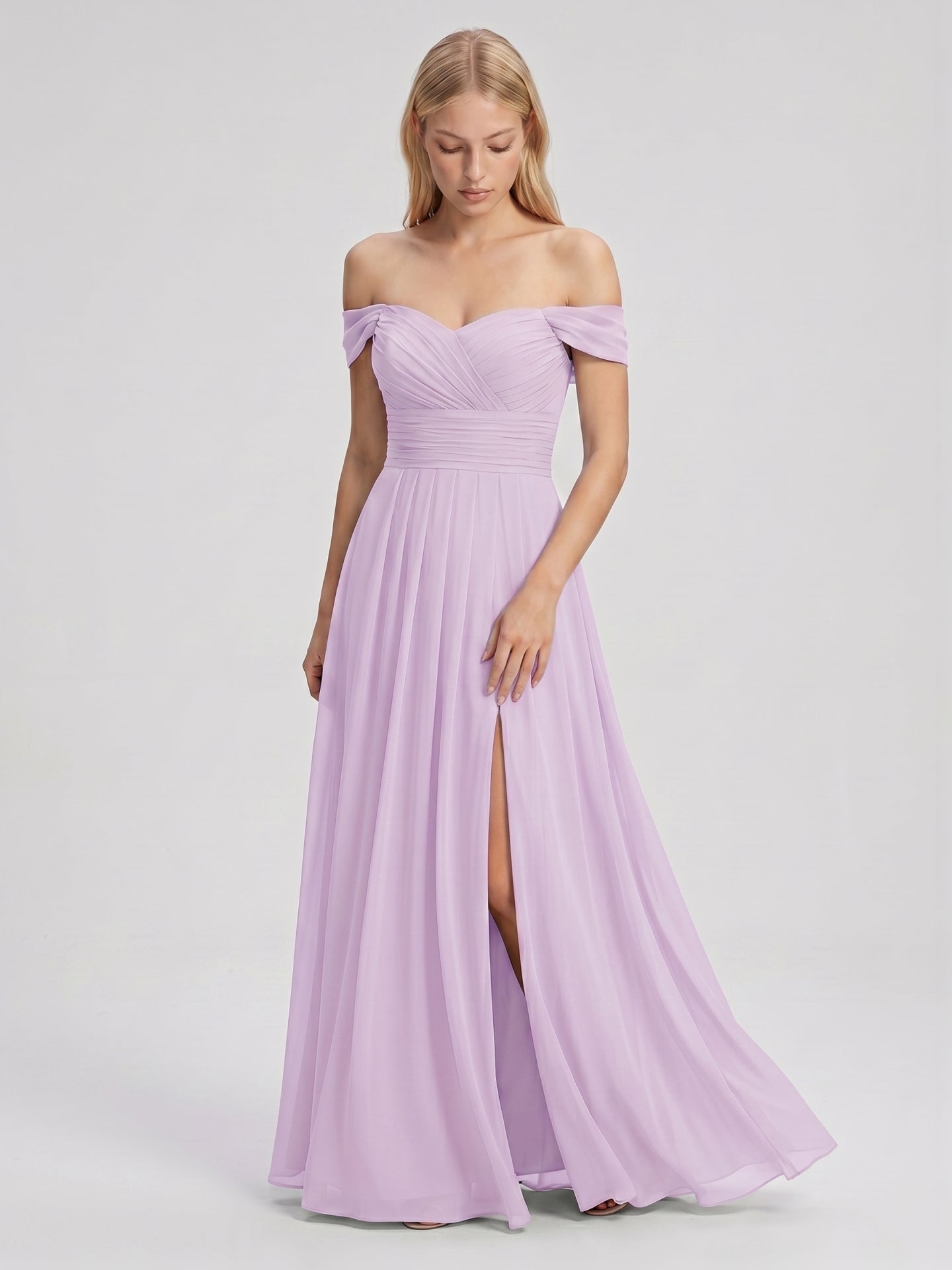Lilac Chiffon A-Line Off-the-Shoulder Back Zip Floor-Length Bridesmaid Dress - Curvevia