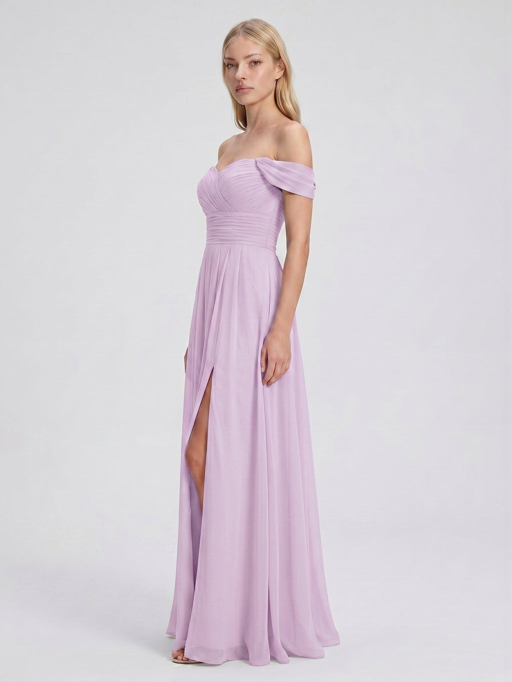 Lilac Chiffon A-Line Off-the-Shoulder Back Zip Floor-Length Bridesmaid Dress - Curvevia