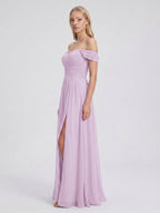 Lilac Chiffon A-Line Off-the-Shoulder Back Zip Floor-Length Bridesmaid Dress - Curvevia