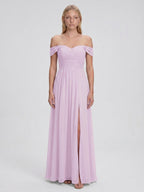 Lilac Chiffon A-Line Off-the-Shoulder Back Zip Floor-Length Bridesmaid Dress - Curvevia
