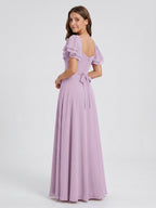 Lilac Chiffon A-Line Square Neck Back Zip Floor-Length Bridesmaid Dress - Curvevia