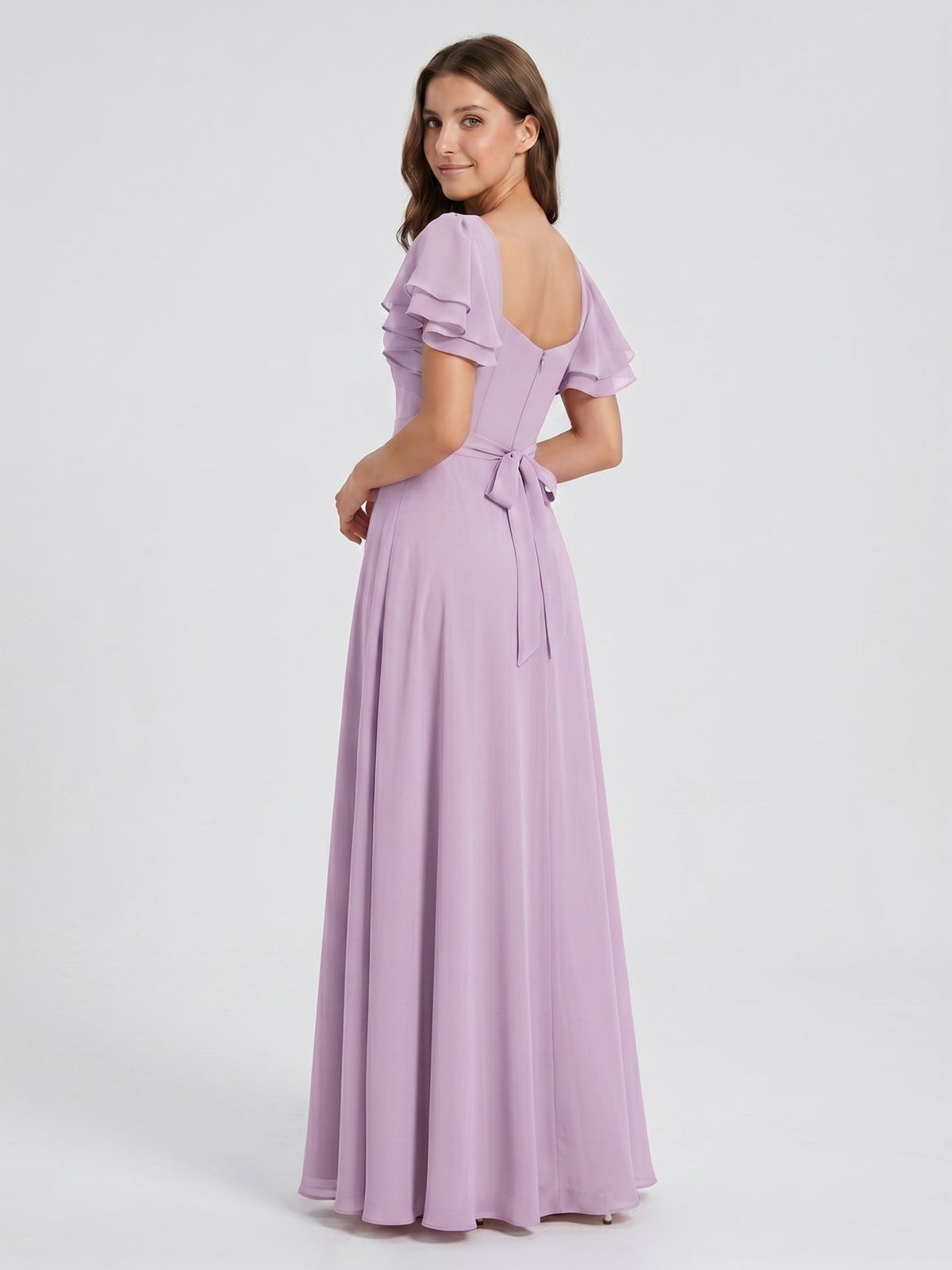 Lilac Chiffon A-Line Square Neck Back Zip Floor-Length Bridesmaid Dress - Curvevia