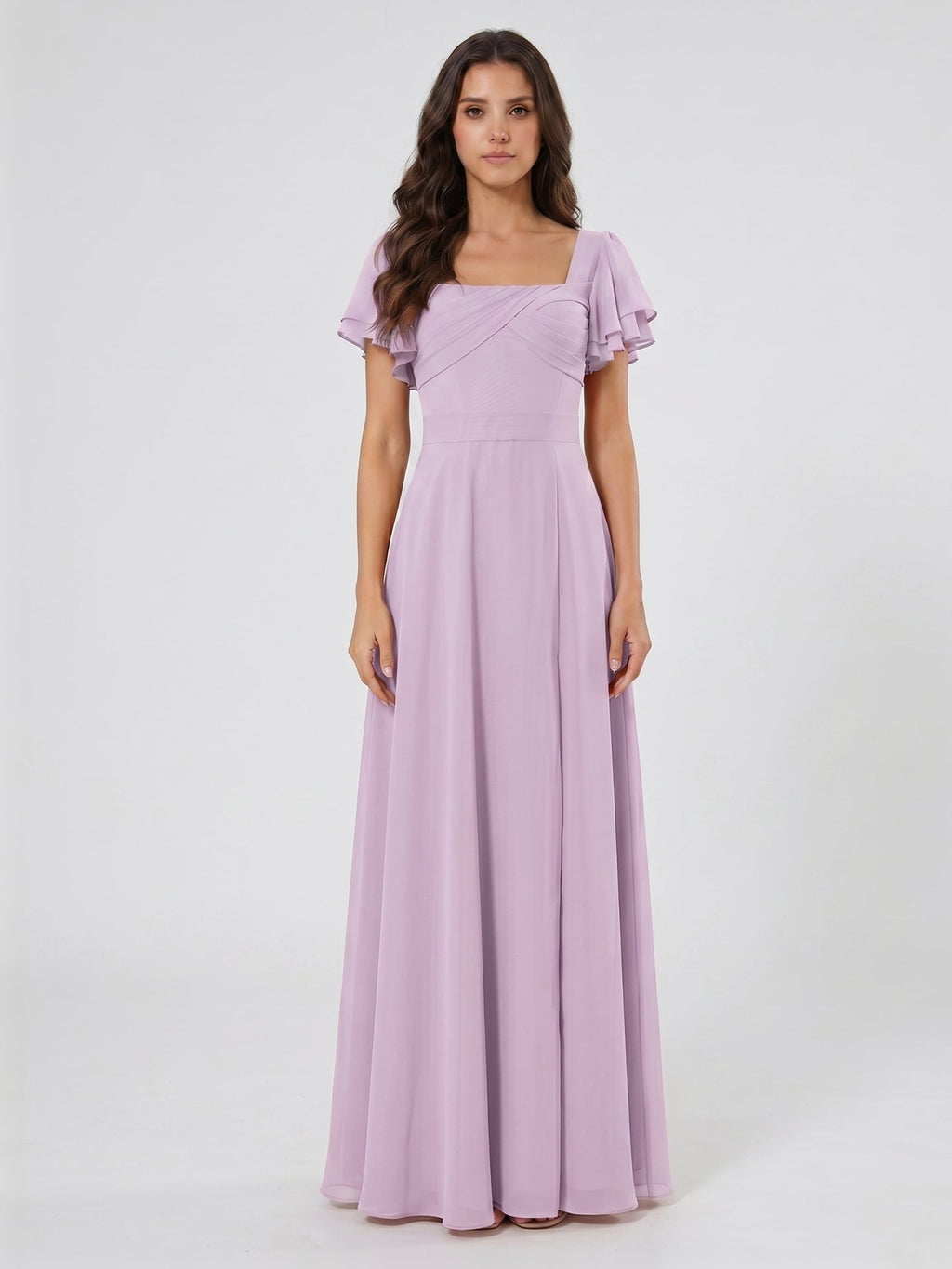 Lilac Chiffon A-Line Square Neck Back Zip Floor-Length Bridesmaid Dress - Curvevia