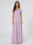 Lilac Chiffon A-Line Square Neck Back Zip Floor-Length Bridesmaid Dress - Curvevia