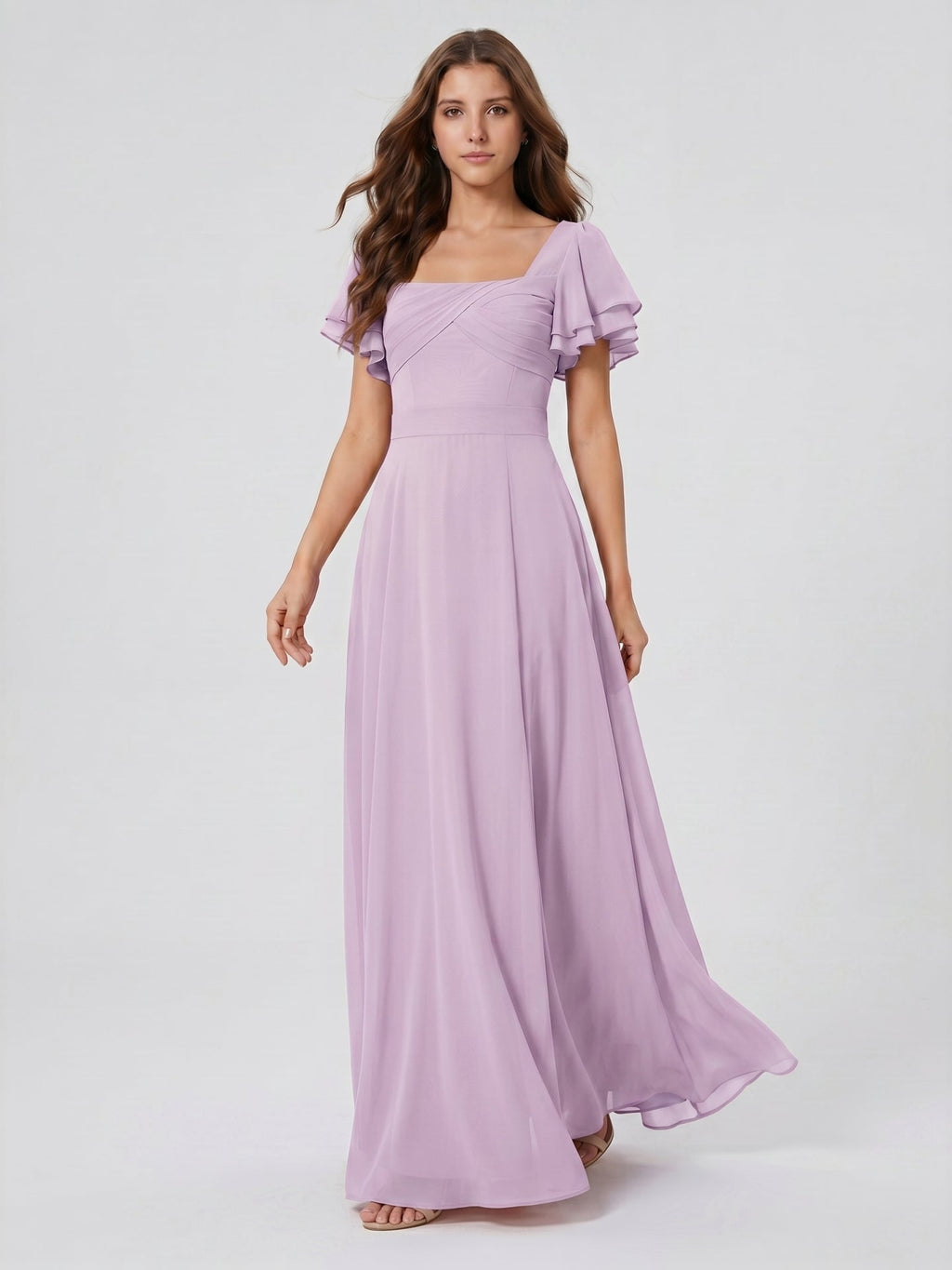 Lilac Chiffon A-Line Square Neck Back Zip Floor-Length Bridesmaid Dress - Curvevia