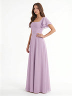 Lilac Chiffon A-Line Square Neck Back Zip Floor-Length Bridesmaid Dress - Curvevia