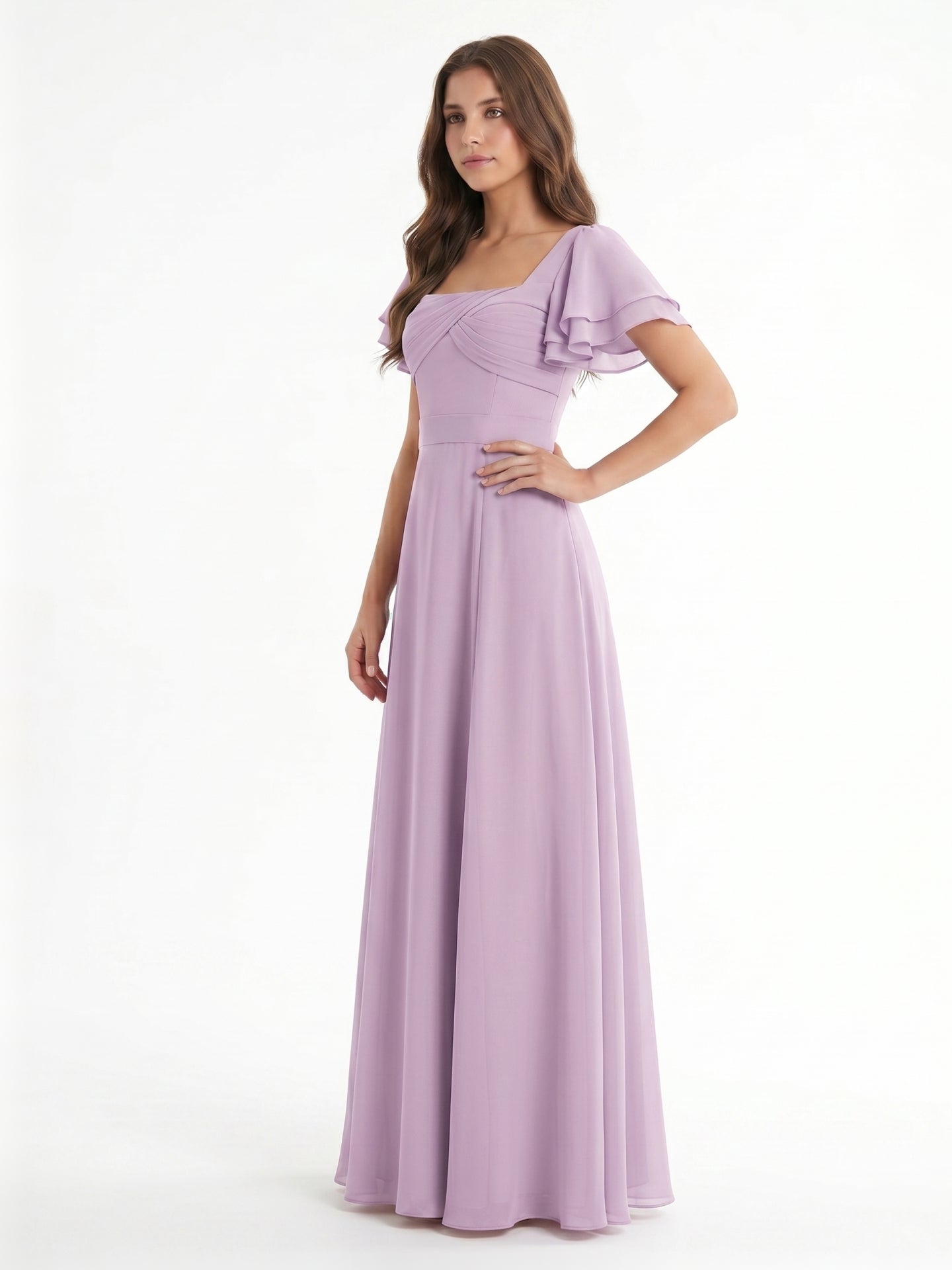 Lilac Chiffon A-Line Square Neck Back Zip Floor-Length Bridesmaid Dress - Curvevia