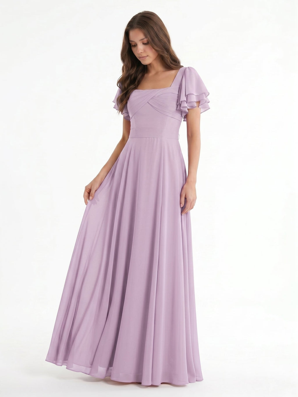 Lilac Chiffon A-Line Square Neck Back Zip Floor-Length Bridesmaid Dress - Curvevia