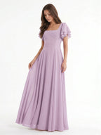 Lilac Chiffon A-Line Square Neck Back Zip Floor-Length Bridesmaid Dress - Curvevia