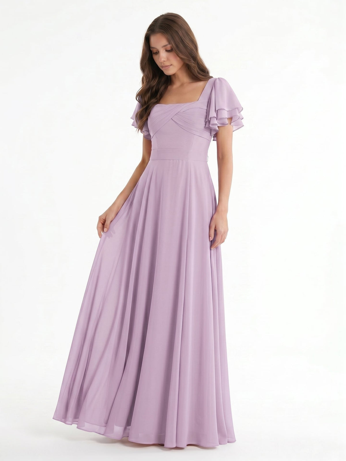 Lilac Chiffon A-Line Square Neck Back Zip Floor-Length Bridesmaid Dress - Curvevia
