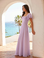 Lilac Chiffon A-Line Square Neck Back Zip Floor-Length Bridesmaid Dress - Curvevia