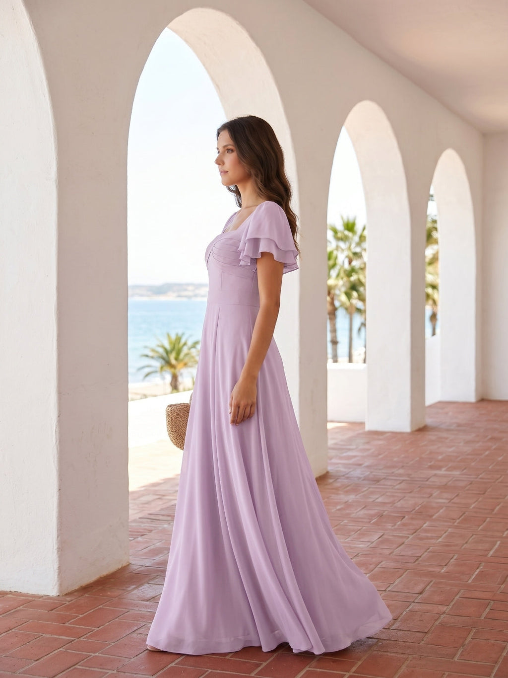 Lilac Chiffon A-Line Square Neck Back Zip Floor-Length Bridesmaid Dress - Curvevia