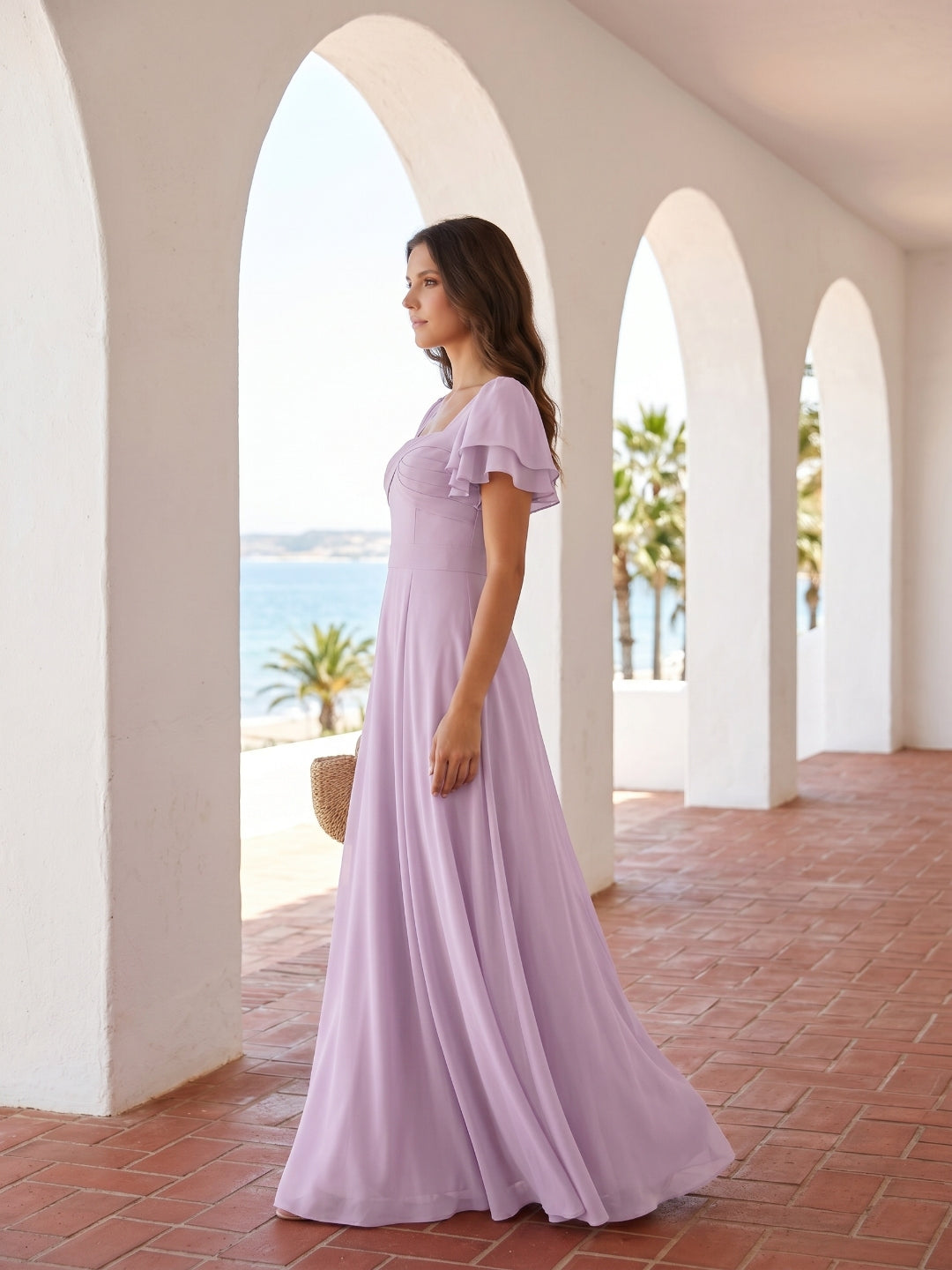Lilac Chiffon A-Line Square Neck Back Zip Floor-Length Bridesmaid Dress - Curvevia