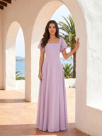 Lilac Chiffon A-Line Square Neck Back Zip Floor-Length Bridesmaid Dress - Curvevia