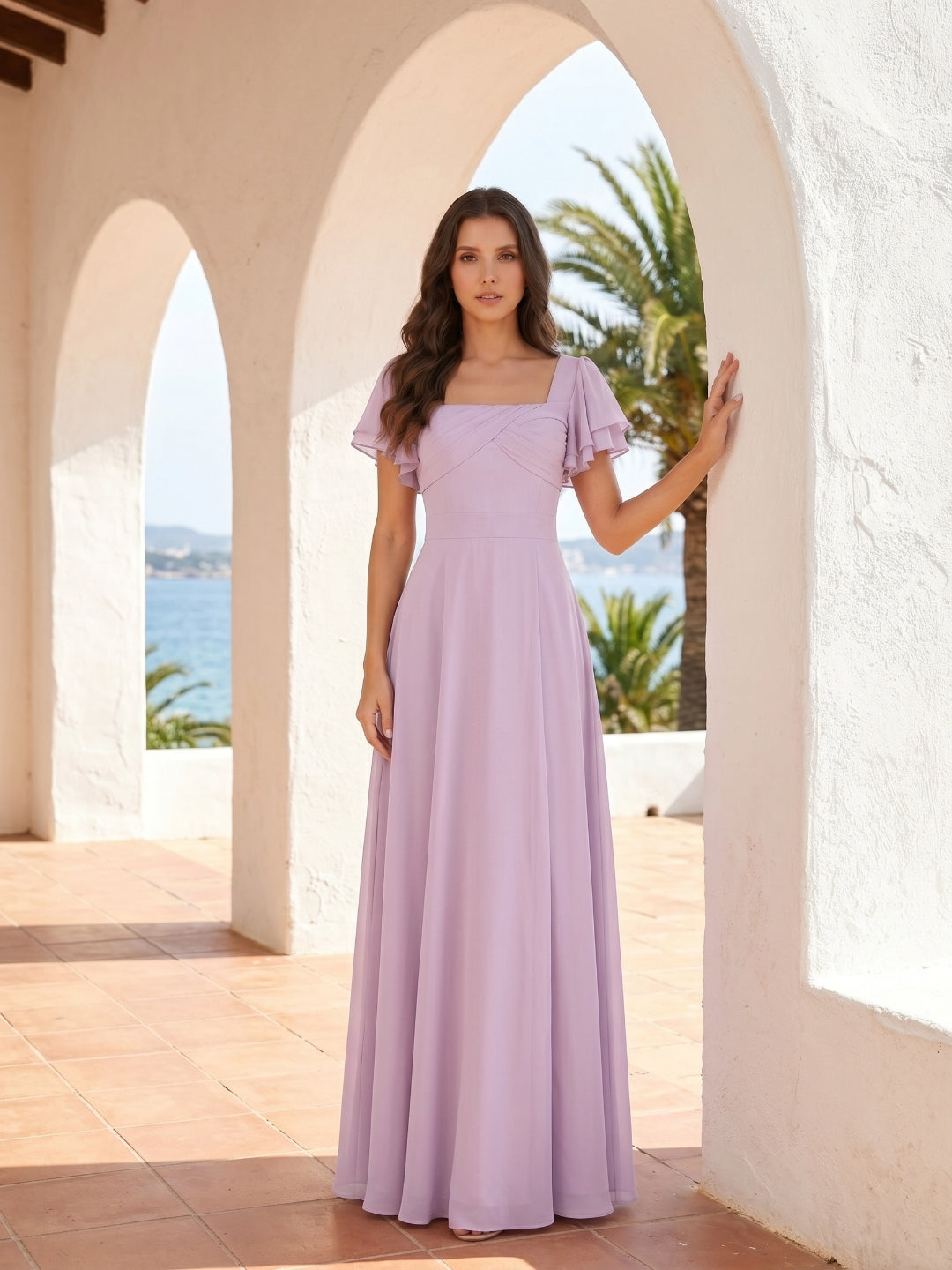 Lilac Chiffon A-Line Square Neck Back Zip Floor-Length Bridesmaid Dress - Curvevia