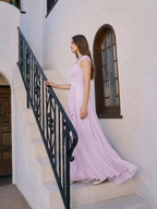 Lilac Chiffon A-Line Sweetheart Back Zip Floor-Length Bridesmaid Dress - Curvevia