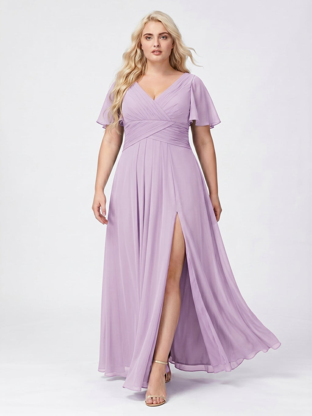 Lilac Chiffon A-Line V-Neck Back Zip Floor-Length Bridesmaid Dress - Curvevia