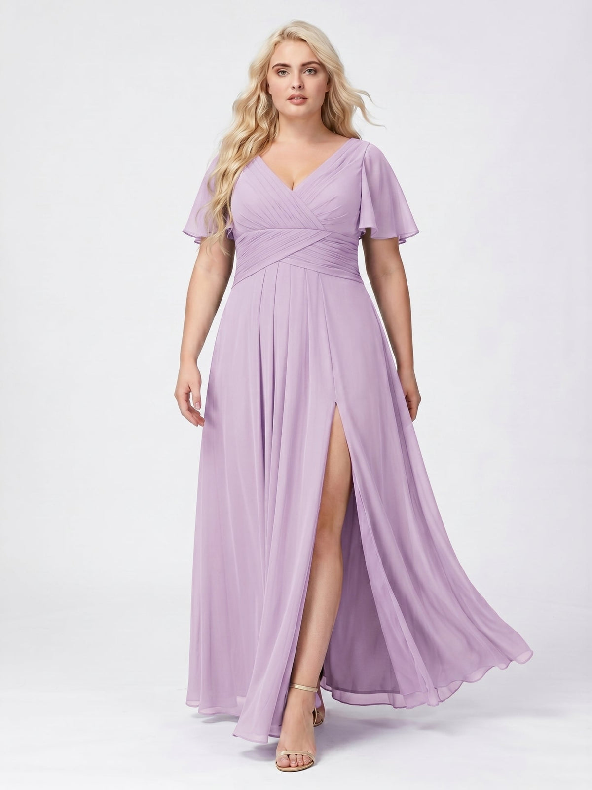 Lilac Chiffon A-Line V-Neck Back Zip Floor-Length Bridesmaid Dress - Curvevia