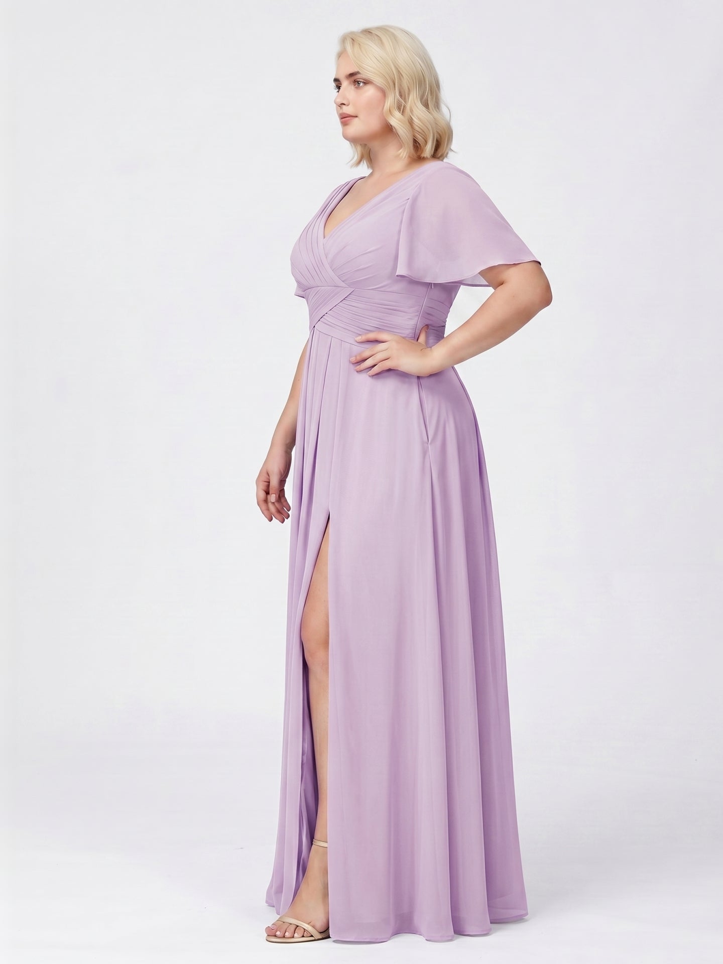 Lilac Chiffon A-Line V-Neck Back Zip Floor-Length Bridesmaid Dress - Curvevia