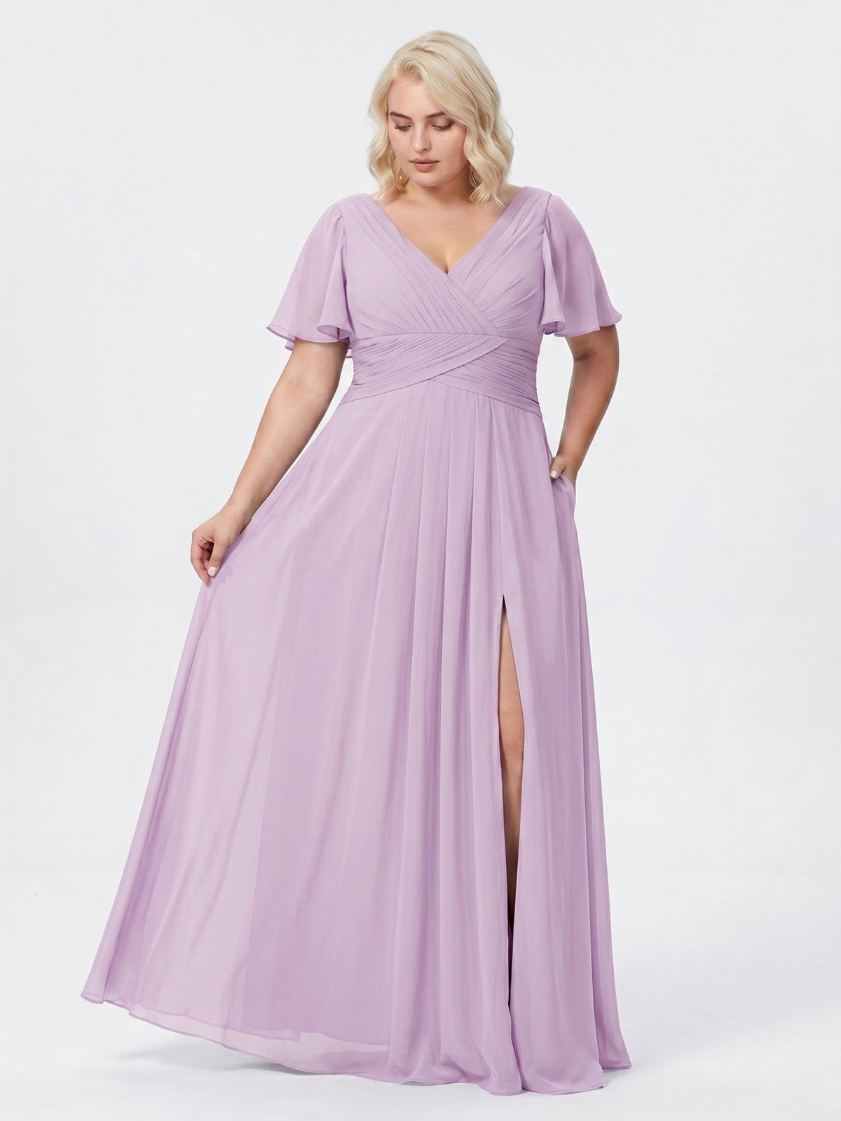 Lilac Chiffon A-Line V-Neck Back Zip Floor-Length Bridesmaid Dress - Curvevia