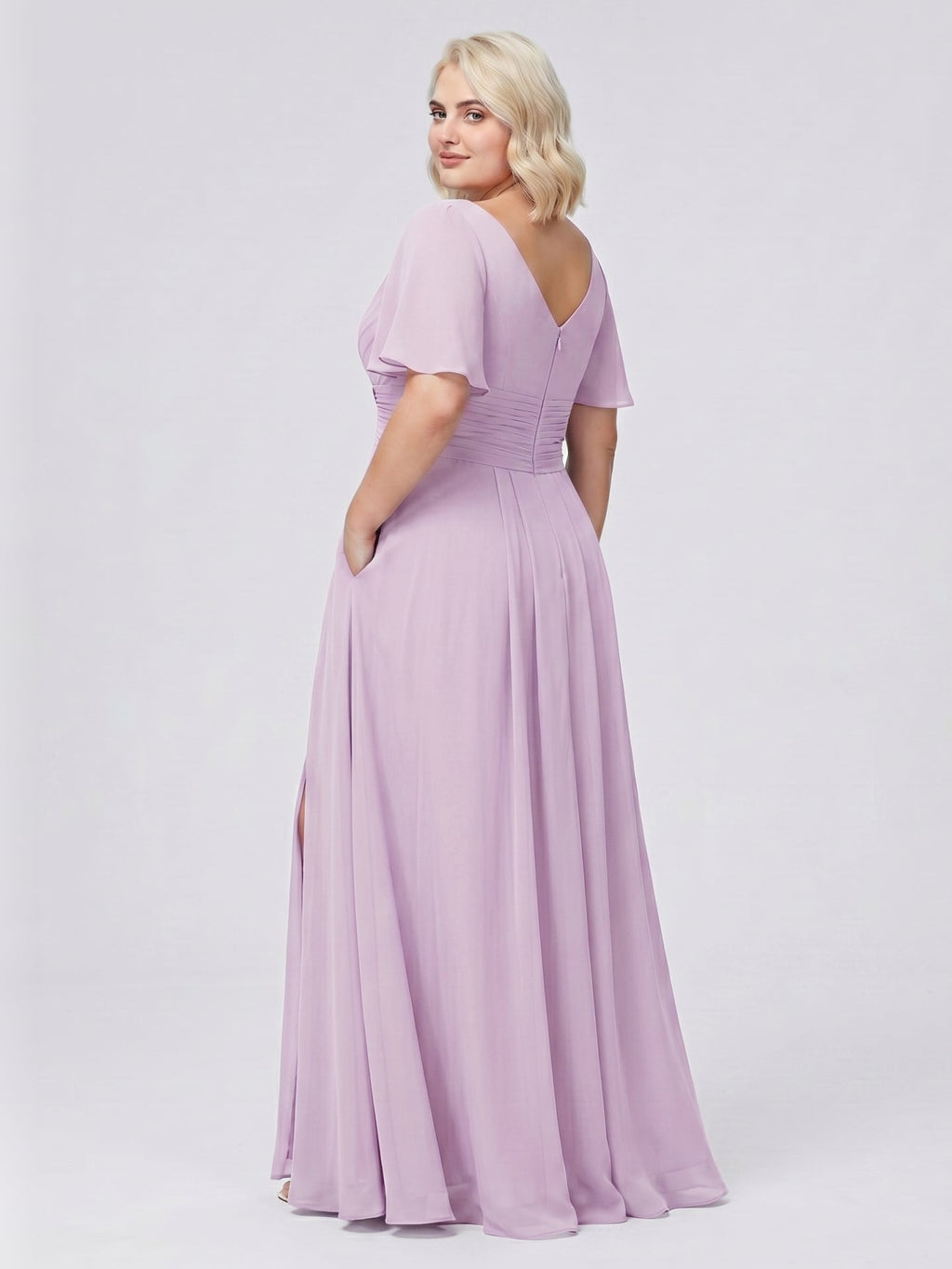 Lilac Chiffon A-Line V-Neck Back Zip Floor-Length Bridesmaid Dress - Curvevia