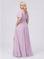 Lilac Chiffon A-Line V-Neck Back Zip Floor-Length Bridesmaid Dress - Curvevia
