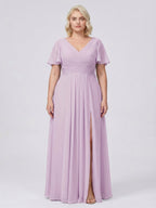 Lilac Chiffon A-Line V-Neck Back Zip Floor-Length Bridesmaid Dress - Curvevia