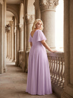 Lilac Chiffon A-Line V-Neck Back Zip Floor-Length Bridesmaid Dress - Curvevia