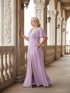 Lilac Chiffon A-Line V-Neck Back Zip Floor-Length Bridesmaid Dress - Curvevia