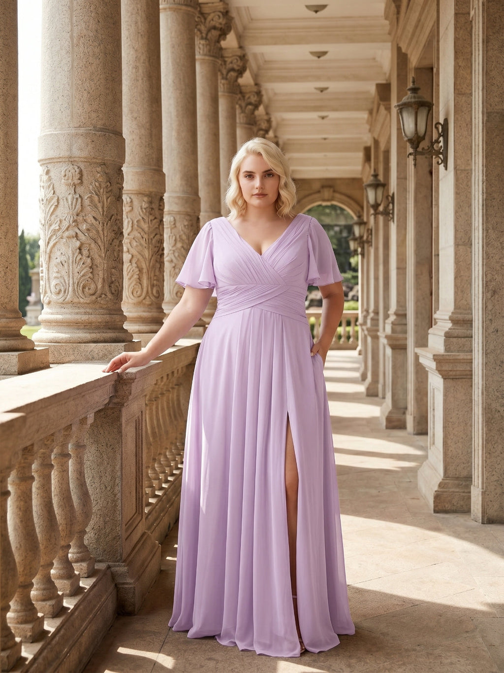 Lilac Chiffon A-Line V-Neck Back Zip Floor-Length Bridesmaid Dress - Curvevia