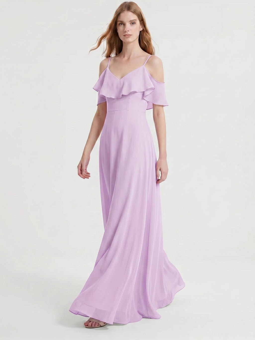 Lilac Chiffon A-Line V-Neck Back Zip Floor-Length Bridesmaid Dress with Pleated Details - Curvevia