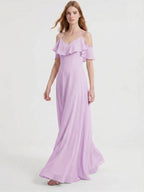 Lilac Chiffon A-Line V-Neck Back Zip Floor-Length Bridesmaid Dress with Pleated Details - Curvevia