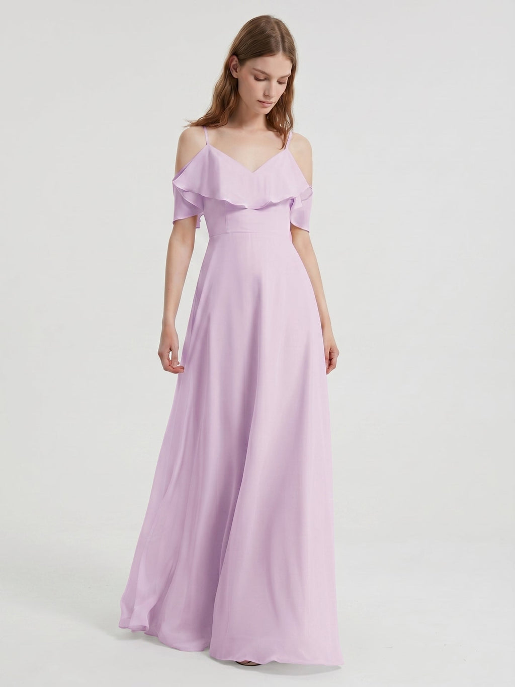 Lilac Chiffon A-Line V-Neck Back Zip Floor-Length Bridesmaid Dress with Pleated Details - Curvevia